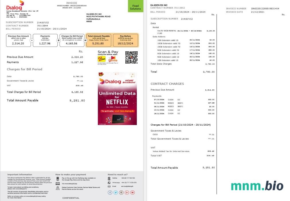 Sri Lanka Dialog rachunek za usługi komunalne szablon w formacie Word i PDF, 2 strony